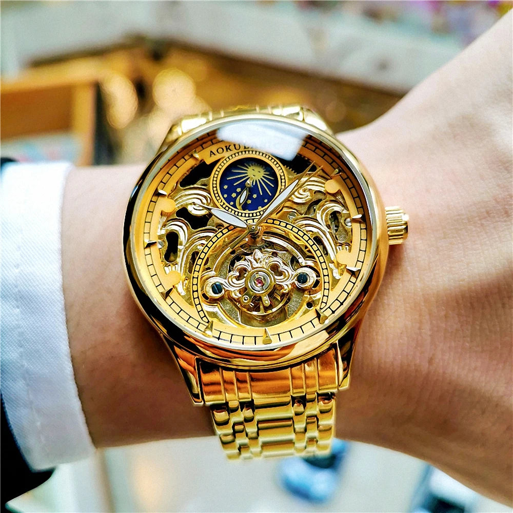 AOKULASIC Gold Retro Automatic Watch for Men Moon Phase Tourbillon Skeleton Luminous Hands Luxury Mechanical Watches Steel Strap