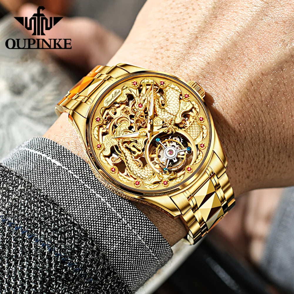 OUPINKE 3176 Gold Dragon Watch Tourbillon Automatic Watches for Man Fashion Skeleton Mechanical Mens Wristwatch Luxury Man Watch