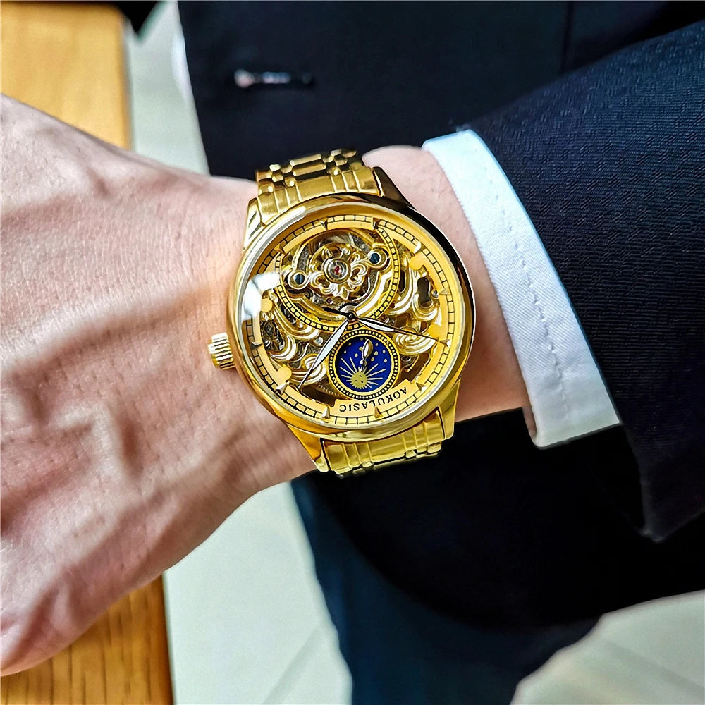 AOKULASIC Gold Retro Automatic Watch for Men Moon Phase Tourbillon Skeleton Luminous Hands Luxury Mechanical Watches Steel Strap