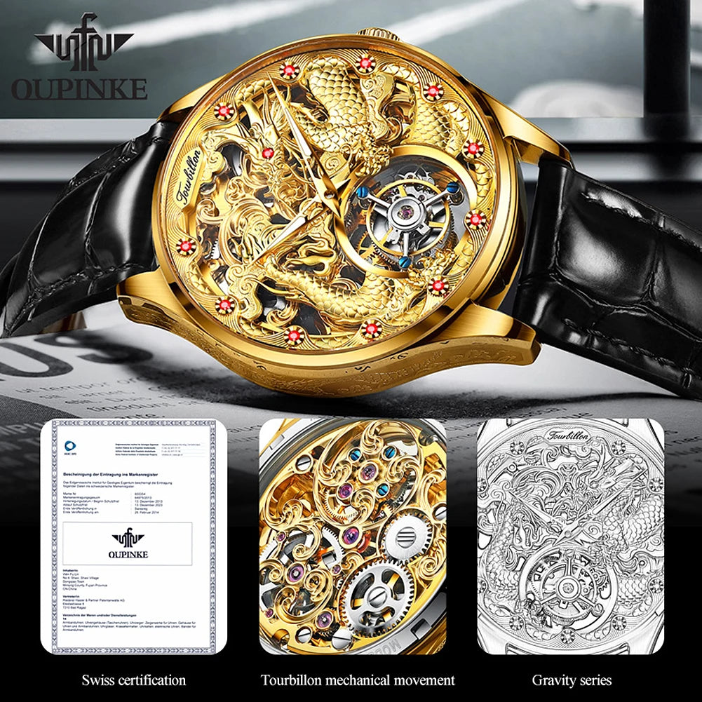 OUPINKE 3176 Gold Dragon Watch Tourbillon Automatic Watches for Man Fashion Skeleton Mechanical Mens Wristwatch Luxury Man Watch