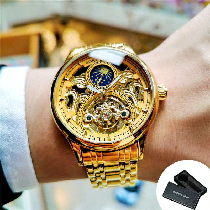 AOKULASIC Gold Retro Automatic Watch for Men Moon Phase Tourbillon Skeleton Luminous Hands Luxury Mechanical Watches Steel Strap