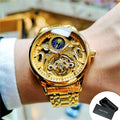 AOKULASIC Gold Retro Automatic Watch for Men Moon Phase Tourbillon Skeleton Luminous Hands Luxury Mechanical Watches Steel Strap
