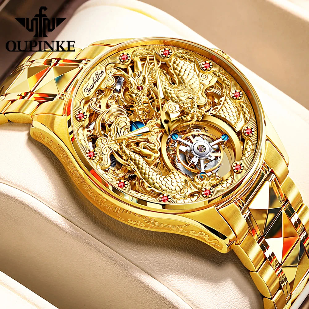 OUPINKE 3176 Gold Dragon Watch Tourbillon Automatic Watches for Man Fashion Skeleton Mechanical Mens Wristwatch Luxury Man Watch