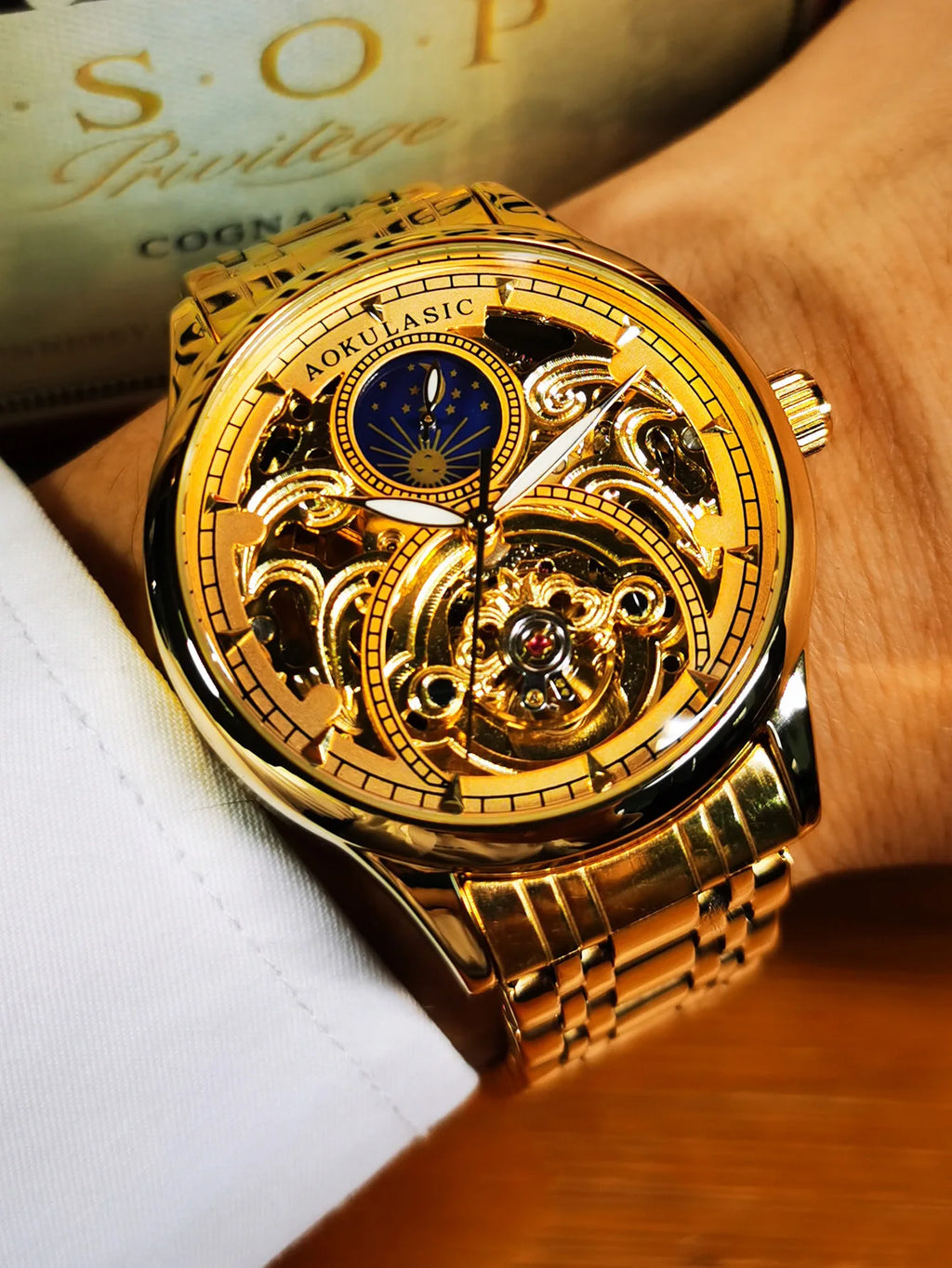AOKULASIC Gold Retro Automatic Watch for Men Moon Phase Tourbillon Skeleton Luminous Hands Luxury Mechanical Watches Steel Strap