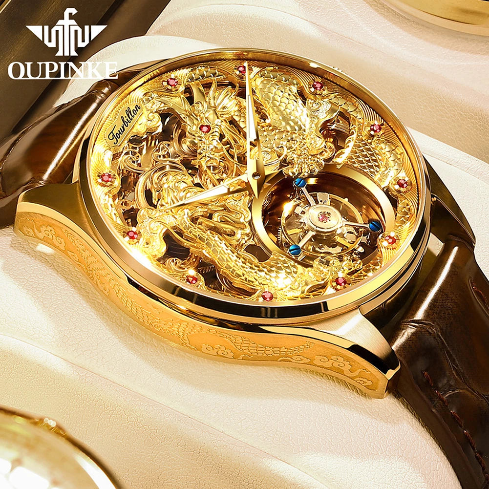 OUPINKE 3176 Gold Dragon Watch Tourbillon Automatic Watches for Man Fashion Skeleton Mechanical Mens Wristwatch Luxury Man Watch