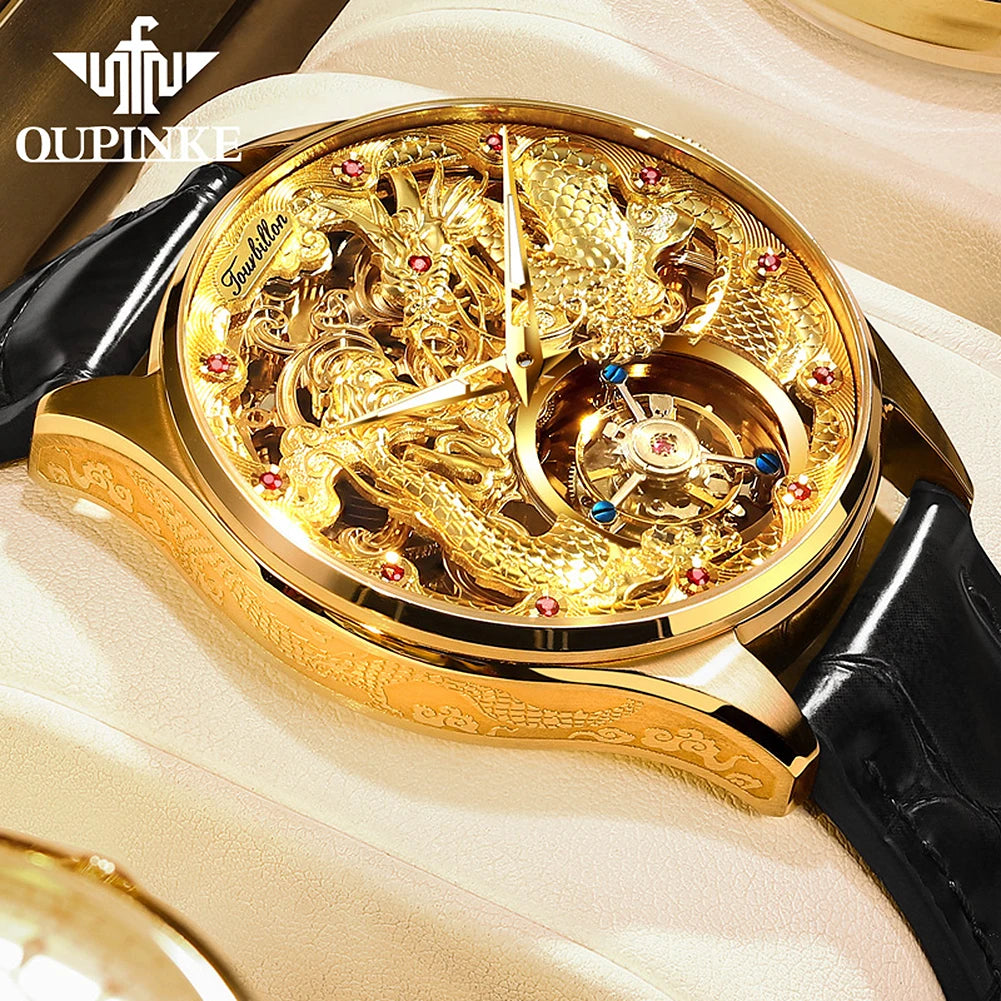 OUPINKE 3176 Gold Dragon Watch Tourbillon Automatic Watches for Man Fashion Skeleton Mechanical Mens Wristwatch Luxury Man Watch