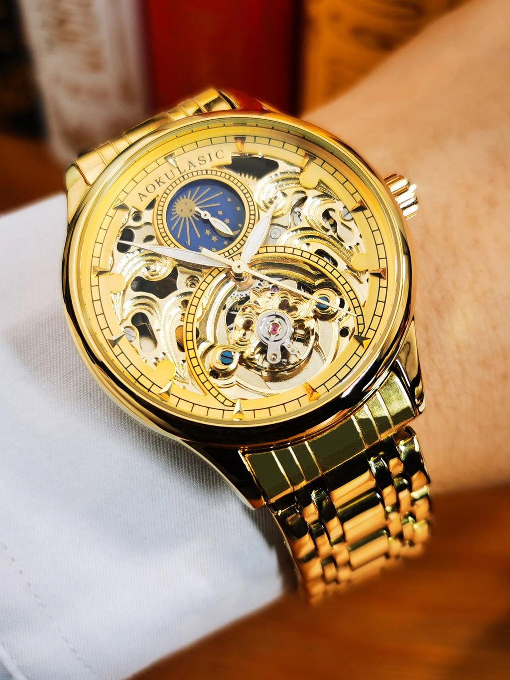 AOKULASIC Gold Retro Automatic Watch for Men Moon Phase Tourbillon Skeleton Luminous Hands Luxury Mechanical Watches Steel Strap