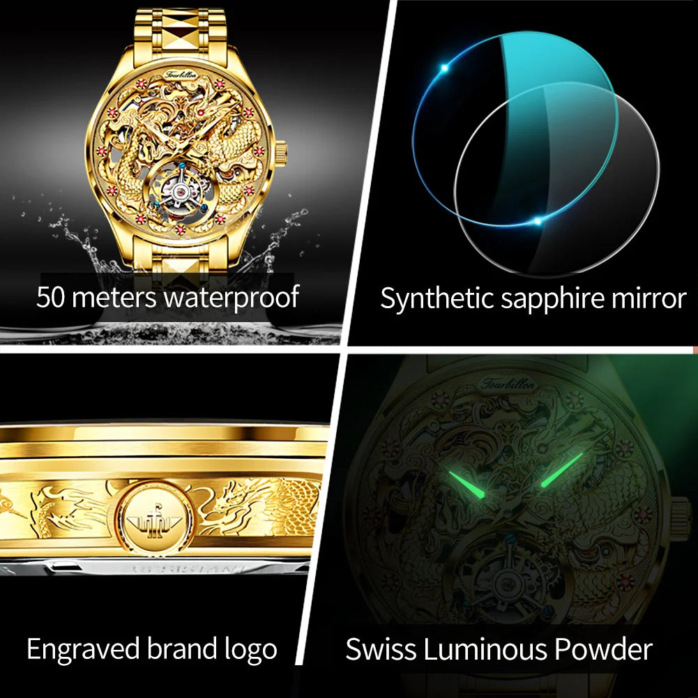 OUPINKE 3176 Gold Dragon Watch Tourbillon Automatic Watches for Man Fashion Skeleton Mechanical Mens Wristwatch Luxury Man Watch