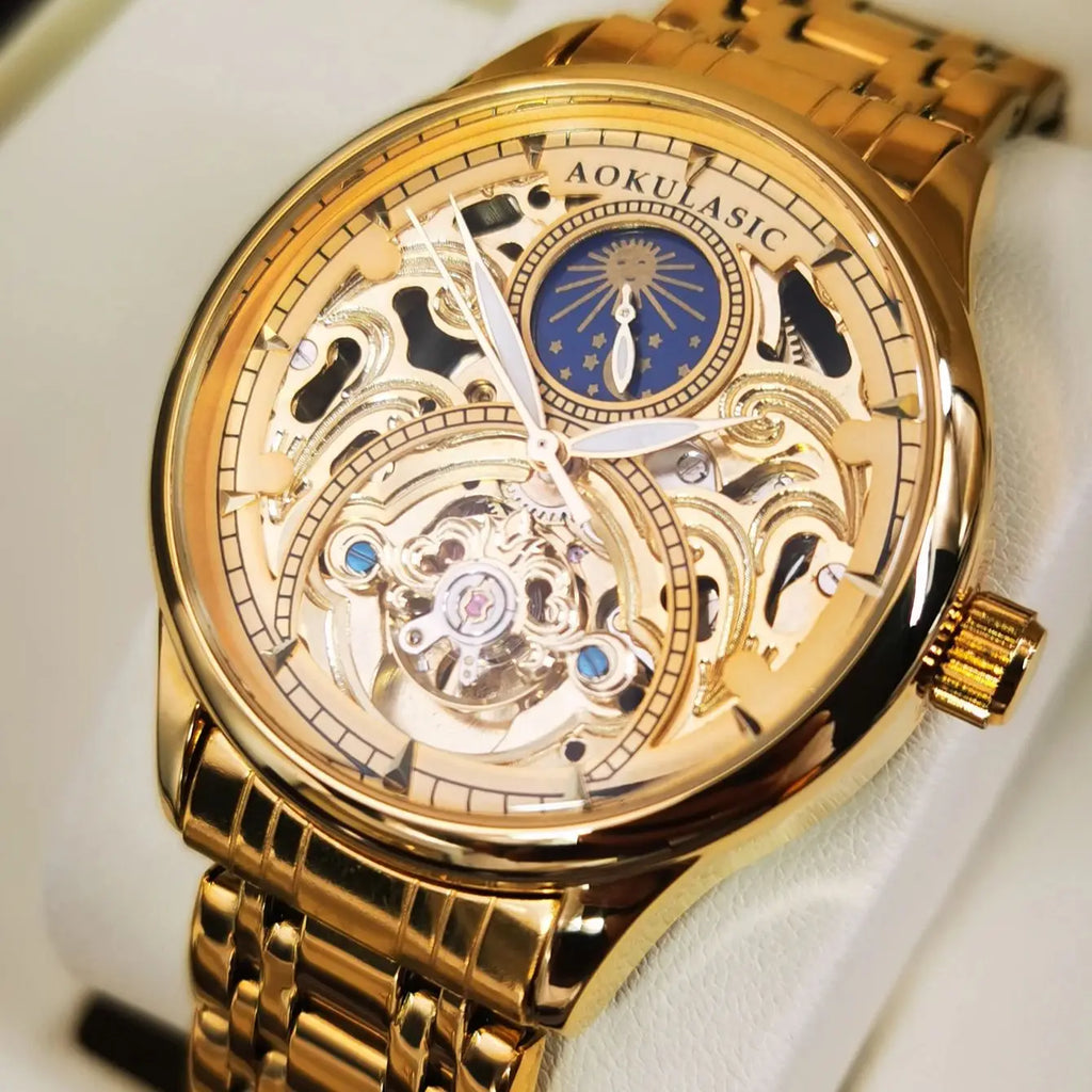 AOKULASIC Gold Retro Automatic Watch for Men Moon Phase Tourbillon Skeleton Luminous Hands Luxury Mechanical Watches Steel Strap