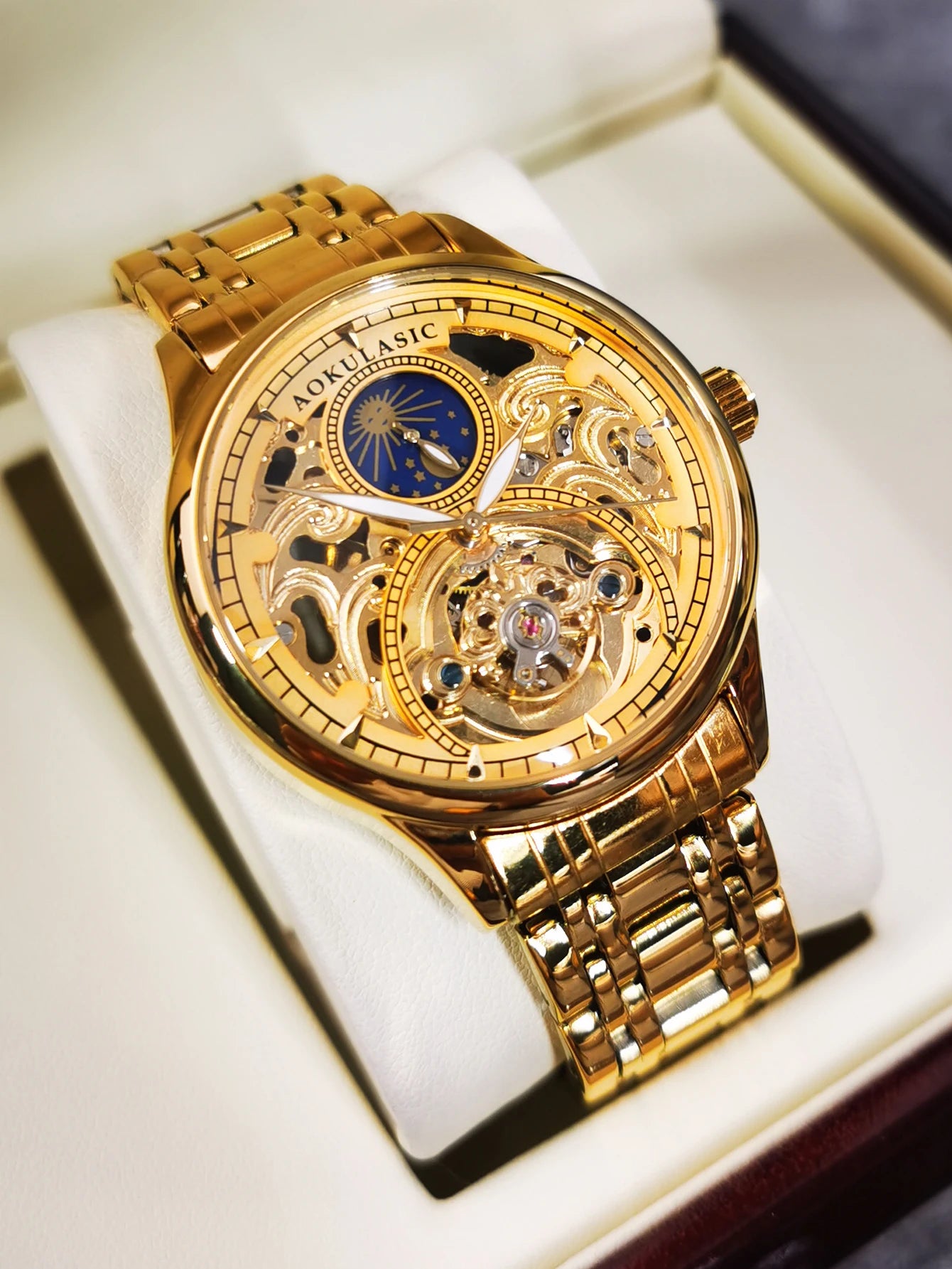AOKULASIC Gold Retro Automatic Watch for Men Moon Phase Tourbillon Skeleton Luminous Hands Luxury Mechanical Watches Steel Strap